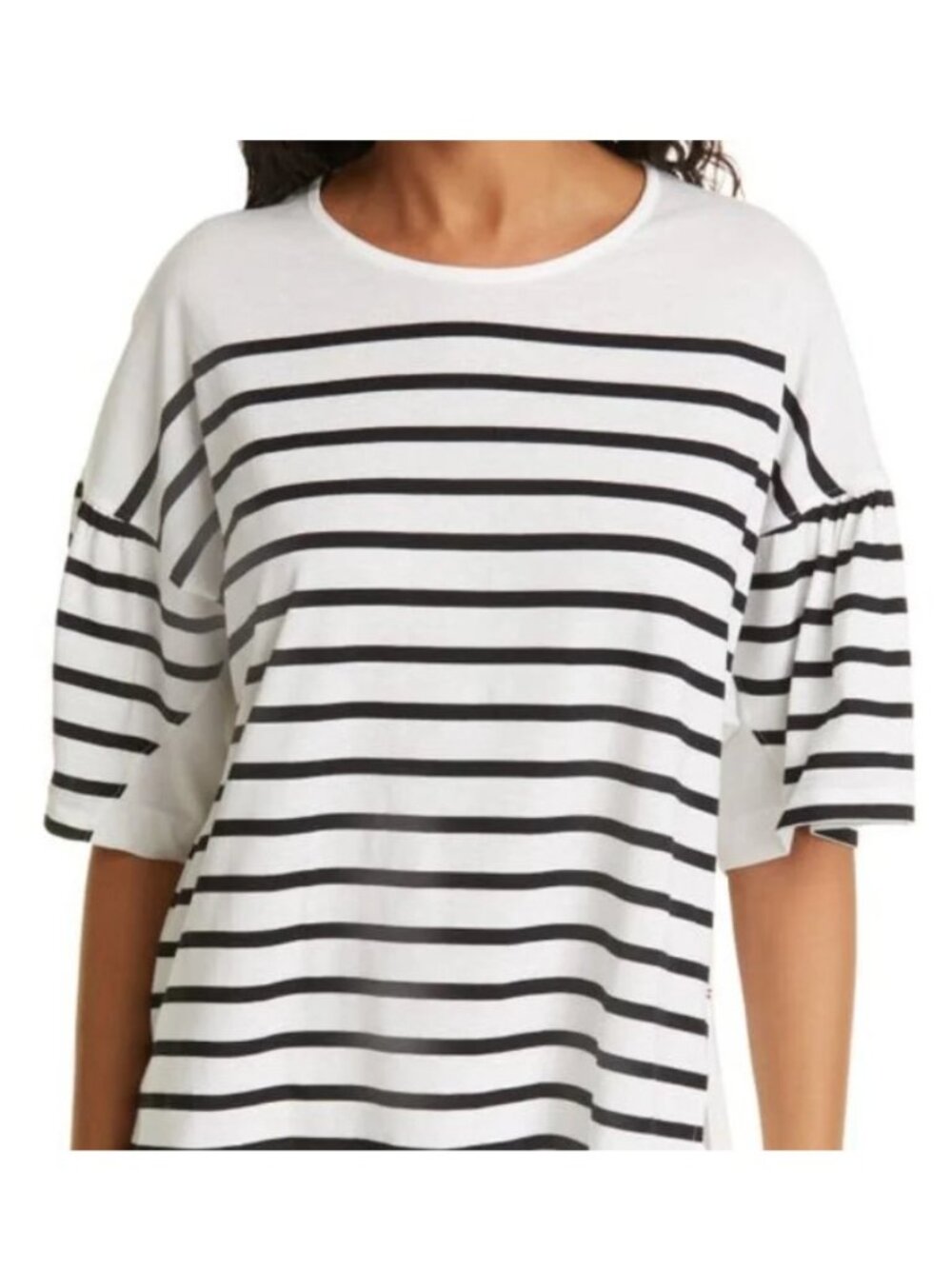 La Ligne Striped White Black Drop Puff Sleeve Tee